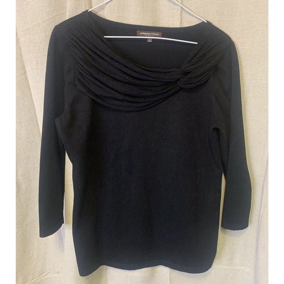 Adrienne Vittadini Sweater Womens Large Black Ruffled Neck 3/4 Sleeve Pullover - Picture 5 of 13